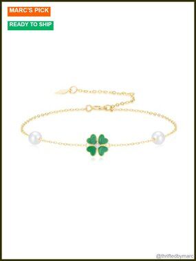 14k Solid Gold Four Leaf Clover Bracelet with Freshwater Pearl
